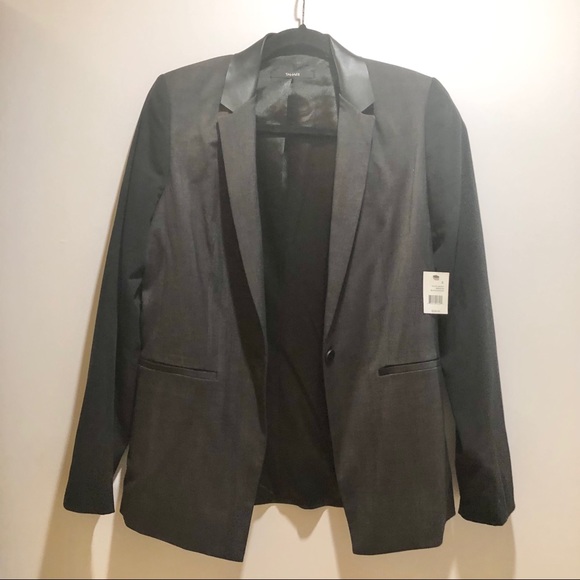 TAHARI CHARCOAL BLACK BLAZER W/ FAUX LEATHER LAPEL - Picture 2 of 13